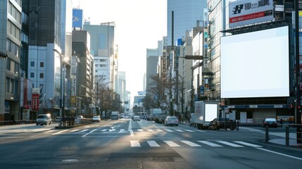 Fototapeta premium Blank white billboard mockup on a Tokyo city road in bright daylight empty road, featuring a pedestrian crossing and urban commercial background, great for outdoor advertising and product mockups.