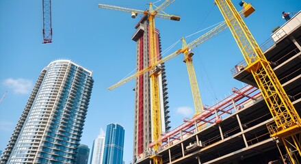 Fototapeta premium a construction site. Tall buildings, skyscrapers, and cranes punctuate the sky.