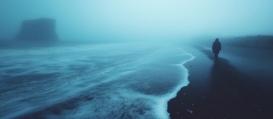Fototapeta premium Person walks a desolate, foggy beach with crashing waves and misty air.
