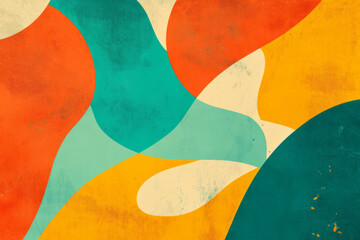 Fototapeta premium Risograph-style background with bold, layered shapes in vibrant orange, teal, and yellow, combined with grainy color transitions and a visual style that evokes vintage printing techniques for a