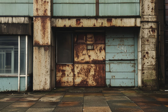 A worn-down brutalist texture with rust stains, chipped paint, and rough, industrial surfaces. Harsh and weathered.
