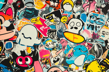Obraz premium A nostalgic sticker-covered background with 90s pop culture references, graffiti-style lettering, and a mix of cartoonish and grungy elements.