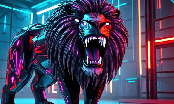 Cyberpunk Big Lion, Featuring Neon Lighted Circuit Patterns in Electric Blue and Magenta. Background Has Futuristic Holographic Look with Customizable Lighting Effects. 4k