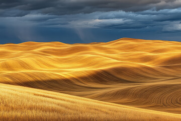 Fototapeta premium A vast, golden wheat field stretching infinitely under a stormy sky, with windblown stalks creating waves of movement across the landscape.