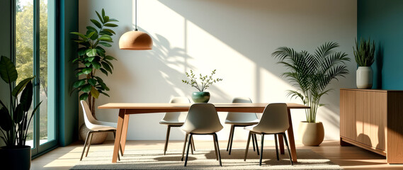 Fototapeta premium sunlit minimalist dining room with wooden table and chairs