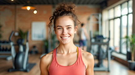 Obraz premium smiling woman in coral fitness top at gym