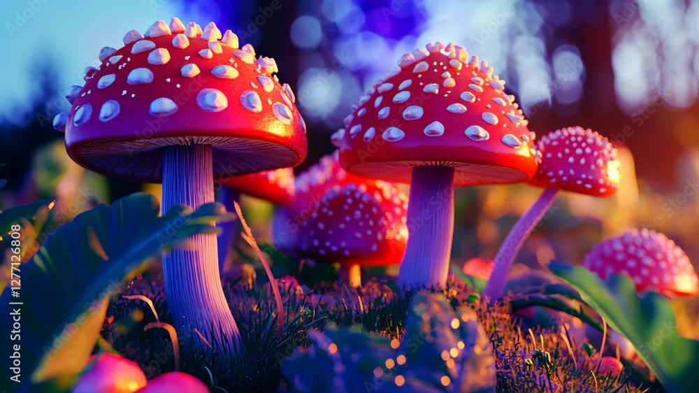 Poster mushrooms thrive in a colorful forest clearing at dusk with vibrant hues and unique cap patterns