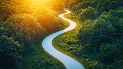 Winding path through sunlit forest at sunset