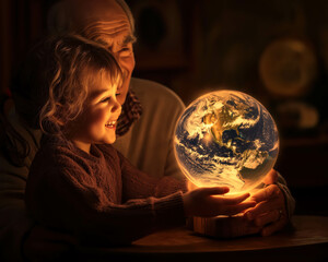 joyful child and wise grandfather hold a glowing Earth, symbolizing hope, knowledge, environmental responsibility. Warm light highlights their bond, representing the connection between generations.