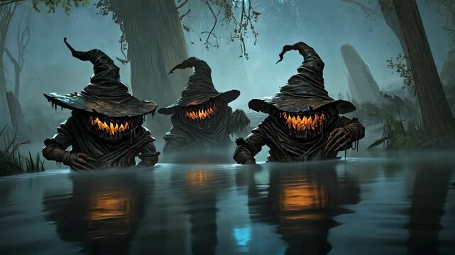 Mysterious creatures emerge from a foggy swamp at dusk during a haunting gathering in a dark forest