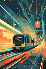 A futuristic train speeds through a neon-lit tunnel with dynamic lines and glowing lights, creating a cyberpunk-inspired atmosphere of motion and technology