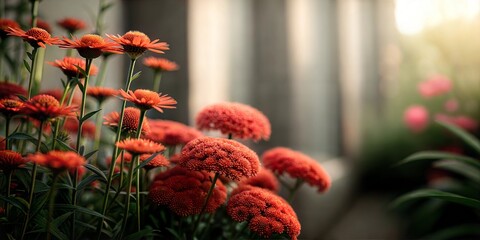 Blooming Red Flowers Along a Garden Path in Soft Warm Light, Serene and Romantic Floral Scene with a Natural Aesthetic


