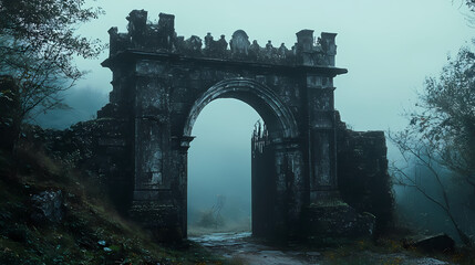 Fototapeta premium Haunted fortress gateway. Gothic Misty Ruins. Illustration