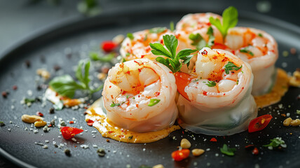 Obraz premium Delightful Vietnamese summer rolls with prawns and spicy herbs on a plate