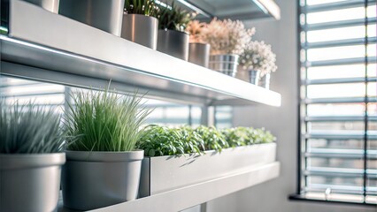 Modern Indoor Herb Garden with Metal Shelves and Potted Plants, Minimalist Home Gardening in Natural Light


