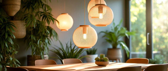 three spherical pendant lights illuminate a wooden dining table in a contemporary setting.