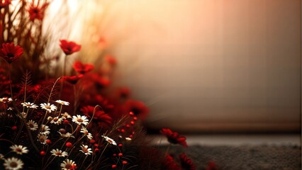 Elegant Red and White Flowers in Soft Warm Light with Copy Space, Romantic Floral Background for Design and Inspiration

