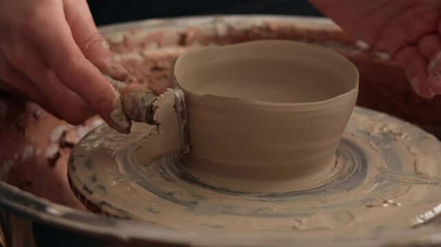 Creating ceramic crockery in the workshop. Woman sculpts clay bowl on the potters wheel 4k video.