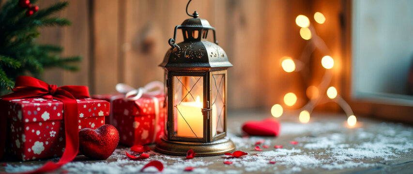 rustic lantern with gifts and hearts creates a warm festive christmas scene