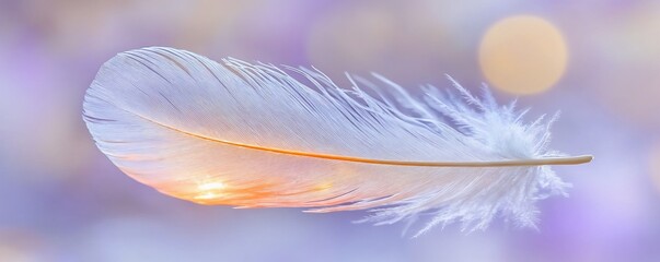 Naklejka premium Soft feather resting on a dreamy blurred background, ideal for peaceful, poetic, and spiritual themes.