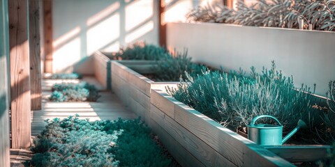 Raised Wooden Garden Beds with Fresh Herbs and a Watering Can, Sustainable Greenhouse Gardening in Soft Natural Light


