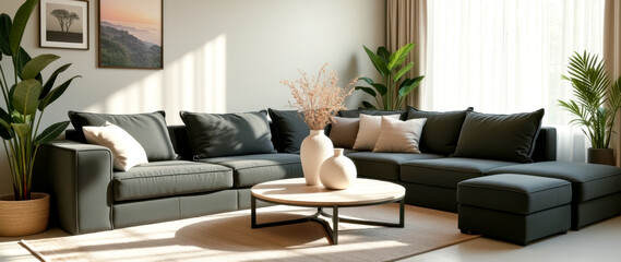 sunlit living room with dark grey sectional sofa and neutral decor