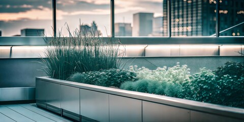 Modern Rooftop Garden with Greenery and City Skyline View, Sustainable Urban Landscaping in a Contemporary Setting

