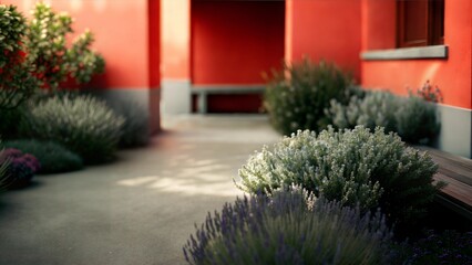 Serene Mediterranean Courtyard with Lush Greenery and Red Walls, Tranquil Outdoor Space with Natural Light

