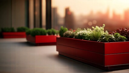 Modern Rooftop Garden with Red Planters and Greenery at Sunset, Urban Balcony Oasis with a City Skyline View



