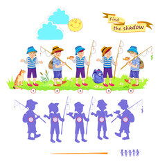 Fototapeta premium Best puzzles for kids. Can you find the shadow of each boy? Write the numbers in circles. Educational game for children. Play online. Task for attentiveness. IQ test. Vector illustration.