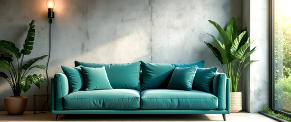 teal velvet sofa in a sunlit modern living room