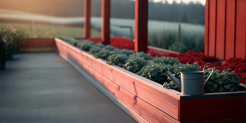 Modern Raised Garden Bed with Greenery and Watering Can, Tranquil Outdoor Gardening Scene at Sunset

