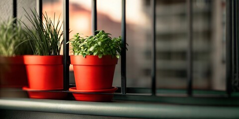 Urban Balcony with Red Potted Plants and Greenery, Cozy Small Space Gardening with a City View

