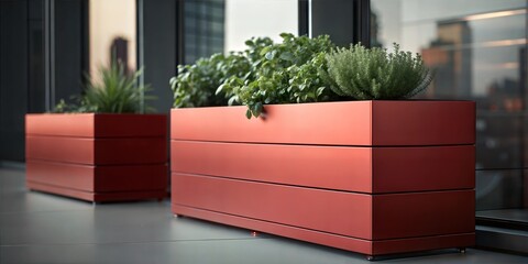 Modern Urban Balcony with Stylish Red Planters and Greenery, Contemporary Outdoor Space with City View


