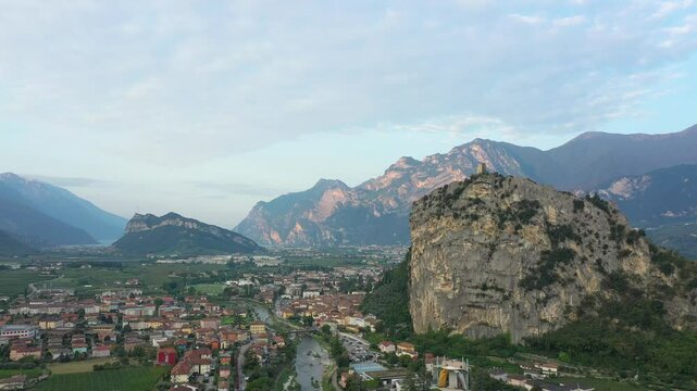 Arco Castle ruined castle located on a prominent spur high above Arco and the Sarca Valley in Trentino. Aerial view
