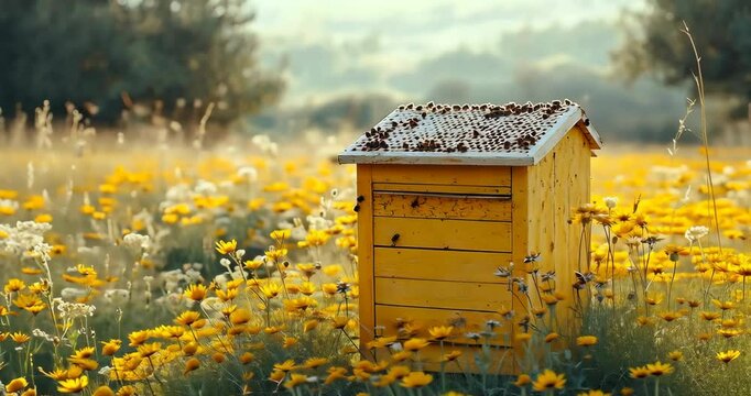 A yellow beehive stands in a field of yellow and white flowers, bees buzzing around.
