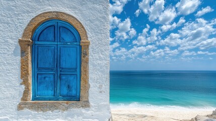Fototapeta premium Arched blue window on the beach framing a stunning ocean view under a clear sky with clouds