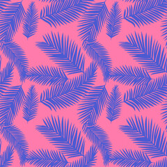 Palm leaves colorful seamless pattern, background vector in pink and blue color. Design for fabric, print, cover, banner, decoration, wallpaper.