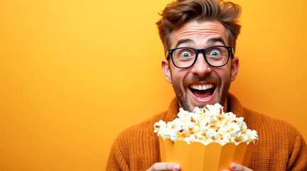 joyful man with glasses looks at the camera with a surprised expression while holding a bucket of popcorn against a bright yellow background