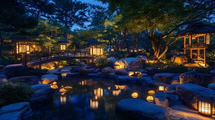 Obraz premium A rock garden at night with illuminated lanterns