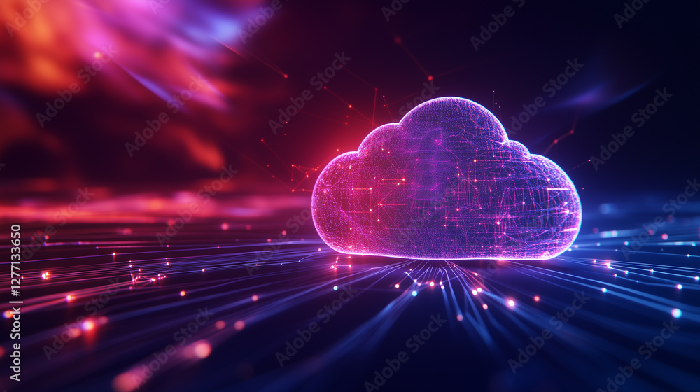 Poster a glowing cloud computing icon with a futuristic low-poly digital network background. the abstract d