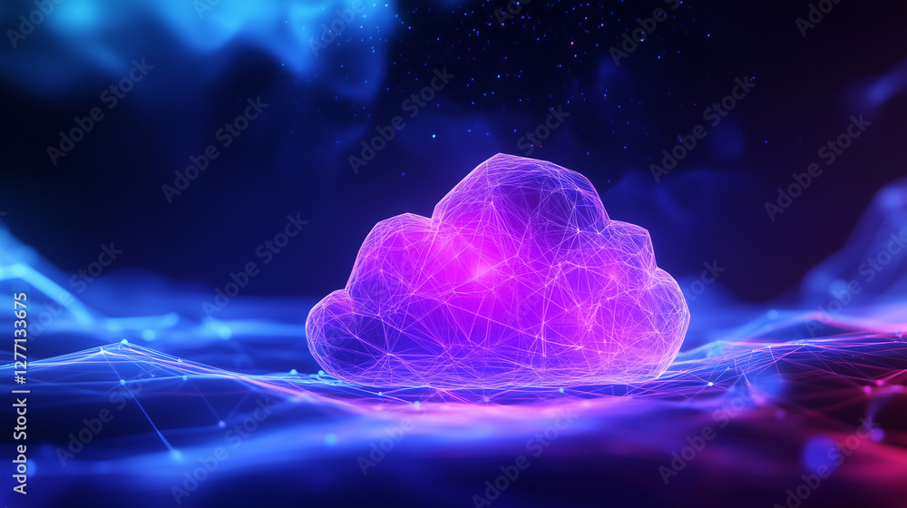 Poster a glowing cloud computing icon with a futuristic low-poly digital network background. the abstract d