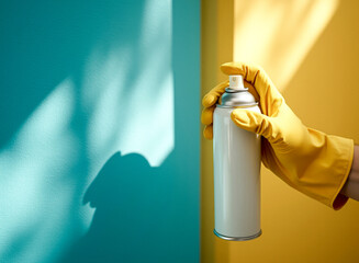 hand in a yellow glove holds a white aerosol spray can.