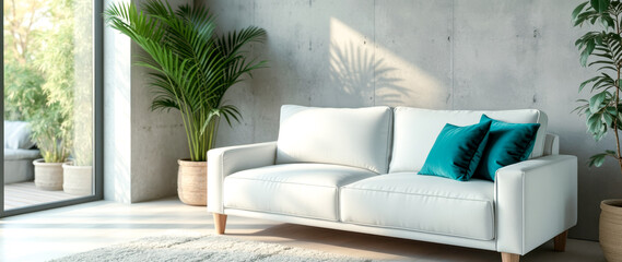 modern white sofa with teal cushions in a sunlit living room