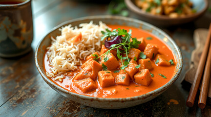 aromatic tofu and rice curry in a rustic bowl
