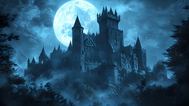 Moonlit medieval castle with lingering shadows in towers. Dark Fantasy Moonlit Castle. Illustration