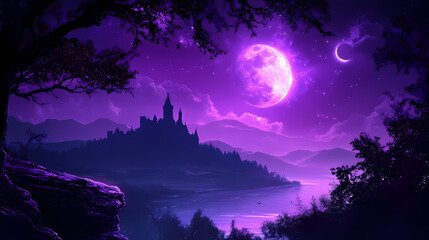 Mysterious castle under purple moonlit sky. Dark Fantasy Moonlit Castle. Illustration