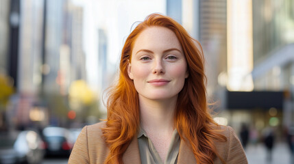 Fototapeta premium A portrait of a pretty redhead woman looking calmly and pensively at the camera, her fiery ginger hair contrasting with the urban city background. Sheâs dressed in trendy, modern f