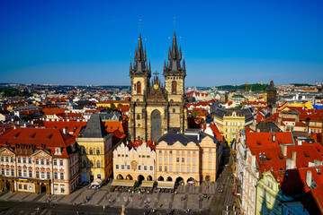Aerial view of the old town of Prague on a sunny day