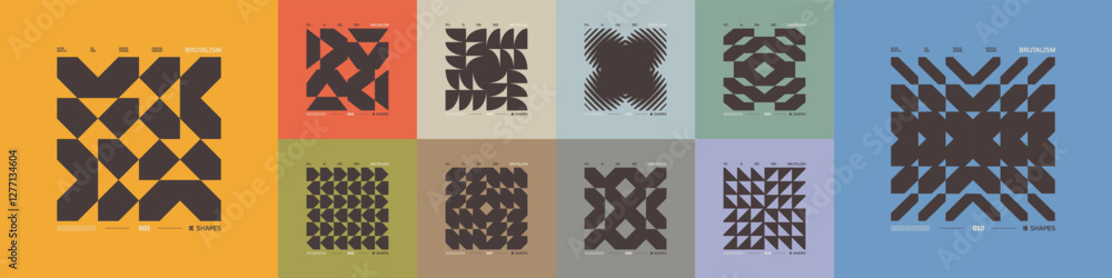 Poster Kit of Postmodern geometric compositions with abstract shapes in brutalism aesthetics, mosaic of brutal figures, trendy color retro futuristic elements, vector modernist ornament, cards art 1